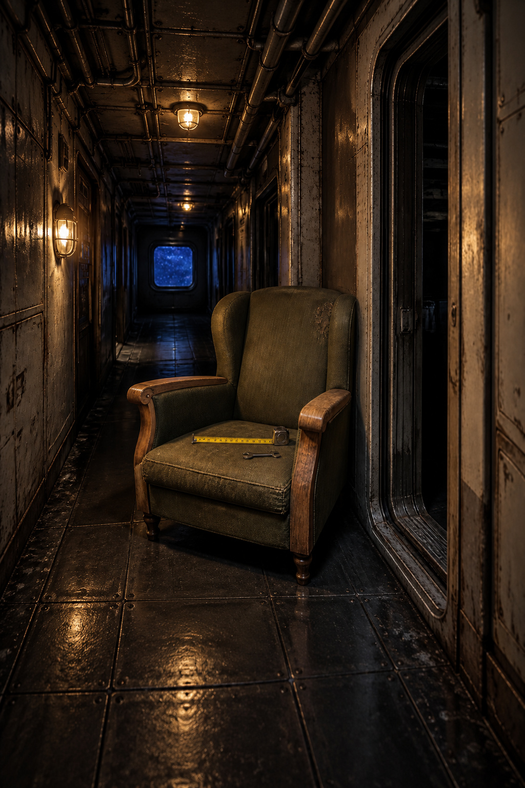 A repaired green chair blocks a narrow passage; measuring tape and tools rest on its seat.